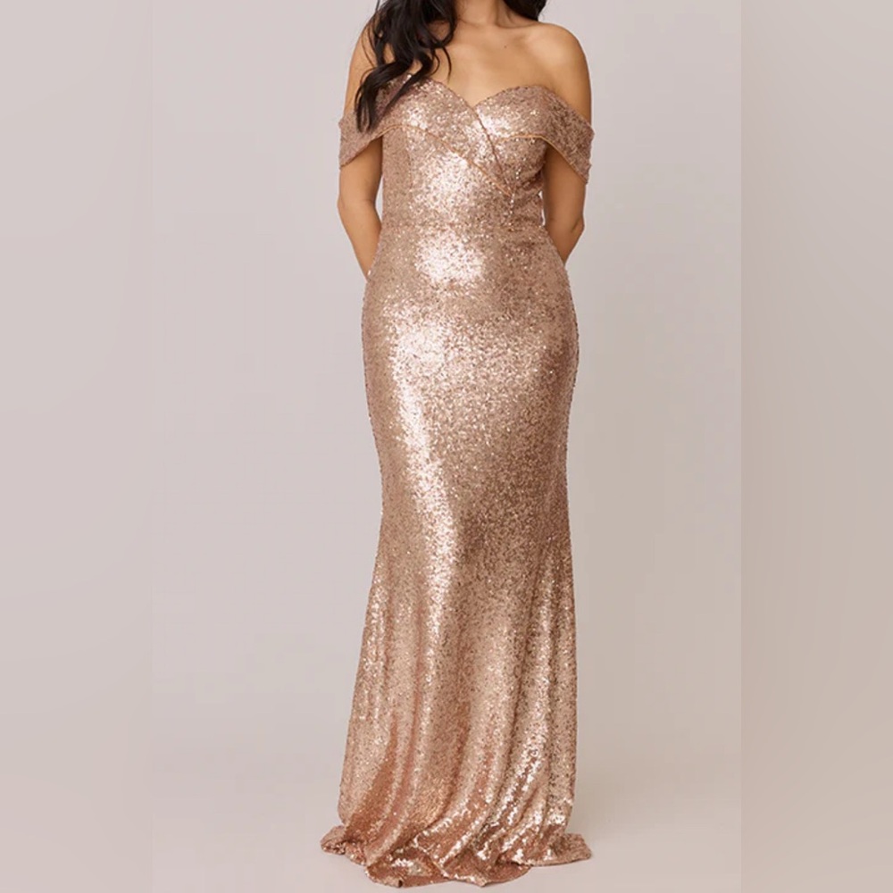 Revelry Bardot Rose Gold Sequin Gown